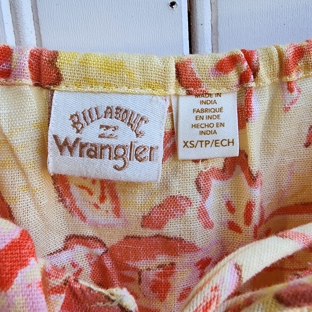 Billabong x Wrangler Dress Yellow Orange Linen Mini Floral Puff Sleeve Button XS - Picture 4 of 12